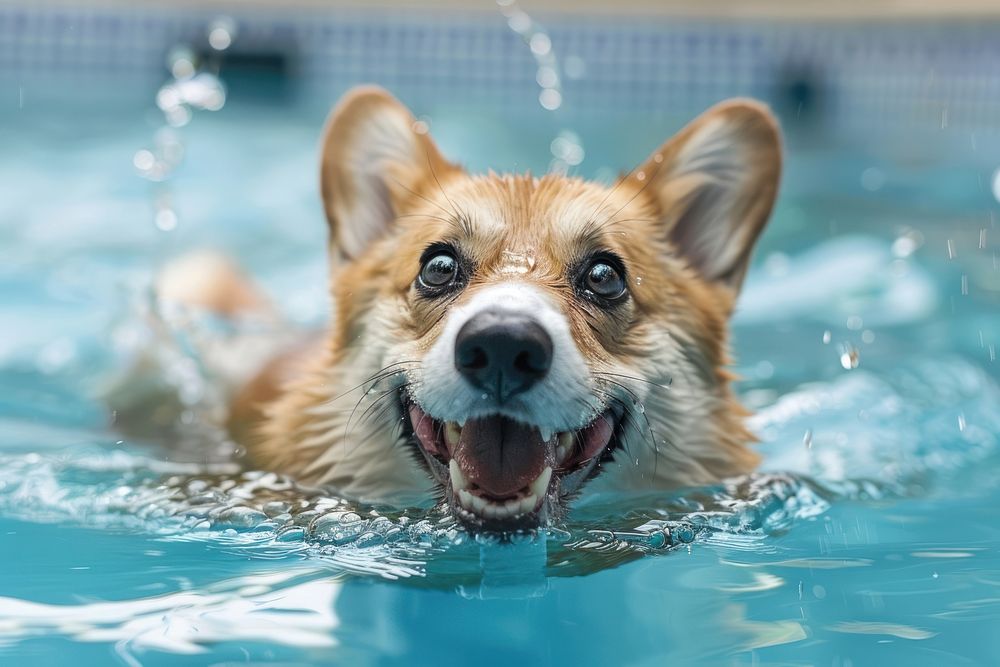 Happy corgi swiming in a pool swimming animal mammal.