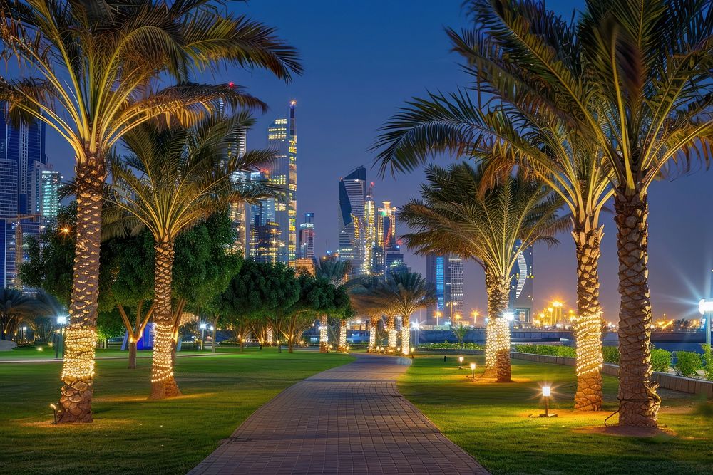 Park with palm trees with lights on and Abu Dhabi complex buildings in the background cityscape transportation architecture.