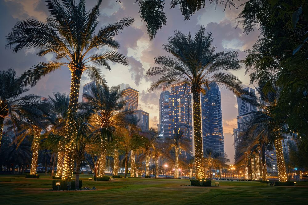 Park with palm trees with lights on and Abu Dhabi complex buildings in the background cityscape architecture metropolis.