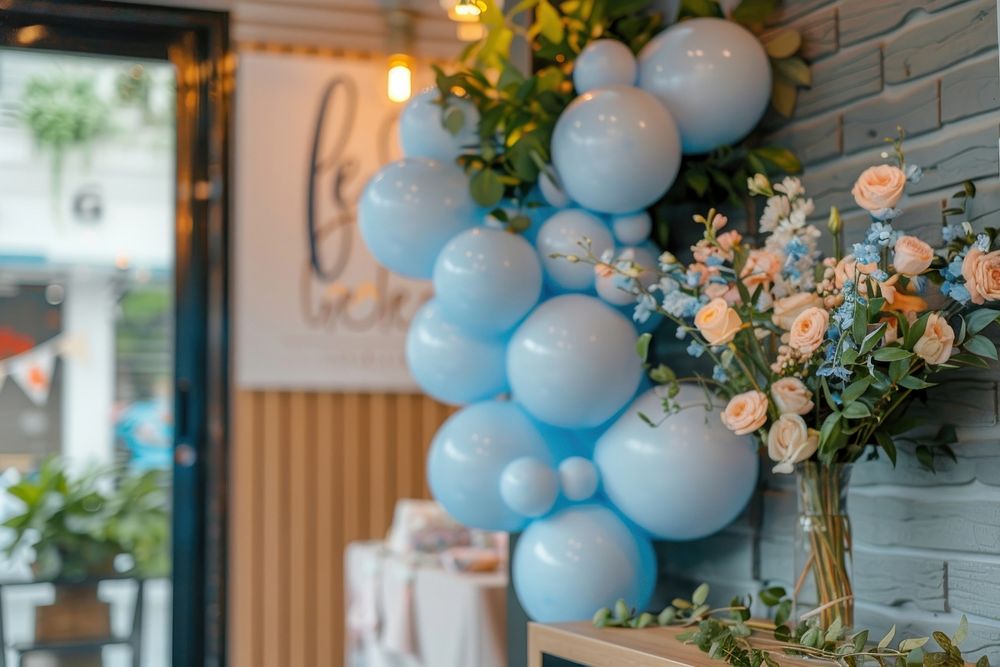 A corner decorate for baby welcoming event balloon architecture centrepiece.