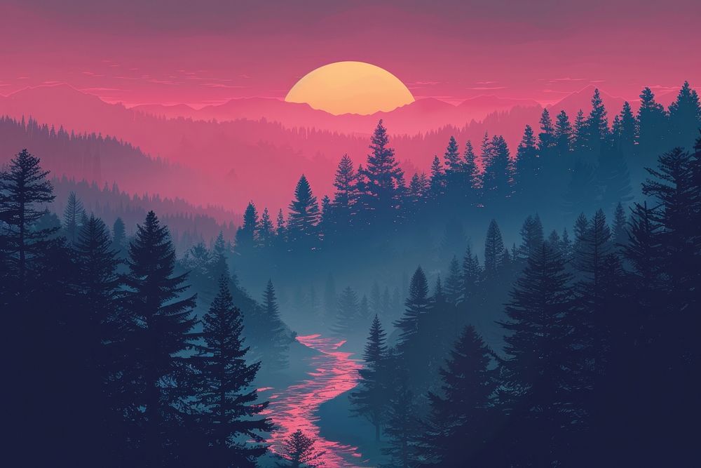 Pine forest and river landscape sunset outdoors.