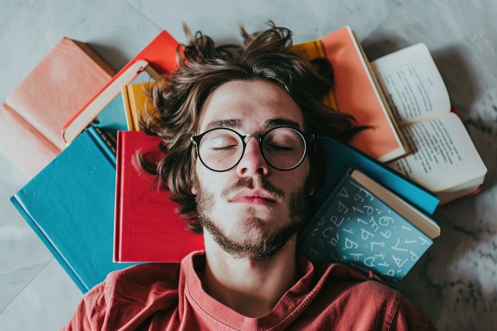 Student fall asleep book glasses adult.