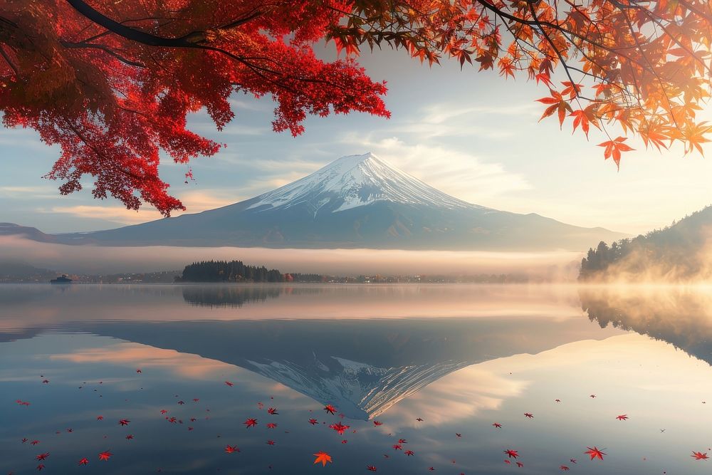 Fuji Mountain autumn reflection landscape.