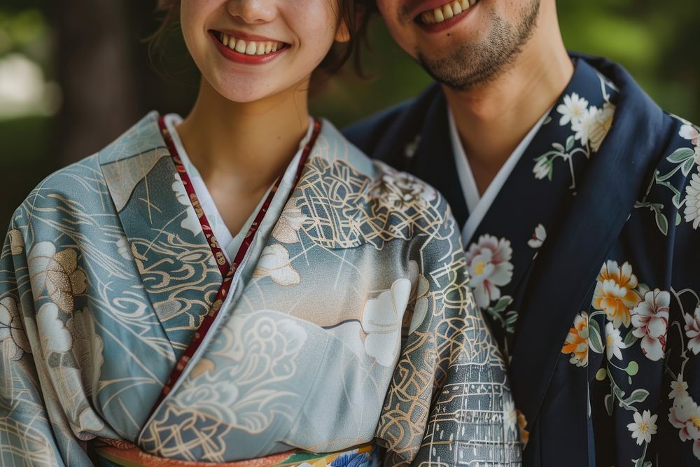 Smiling couple yukata people kimono adult togetherness.