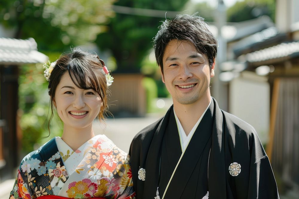 Smiling couple yukata people portrait wedding adult.