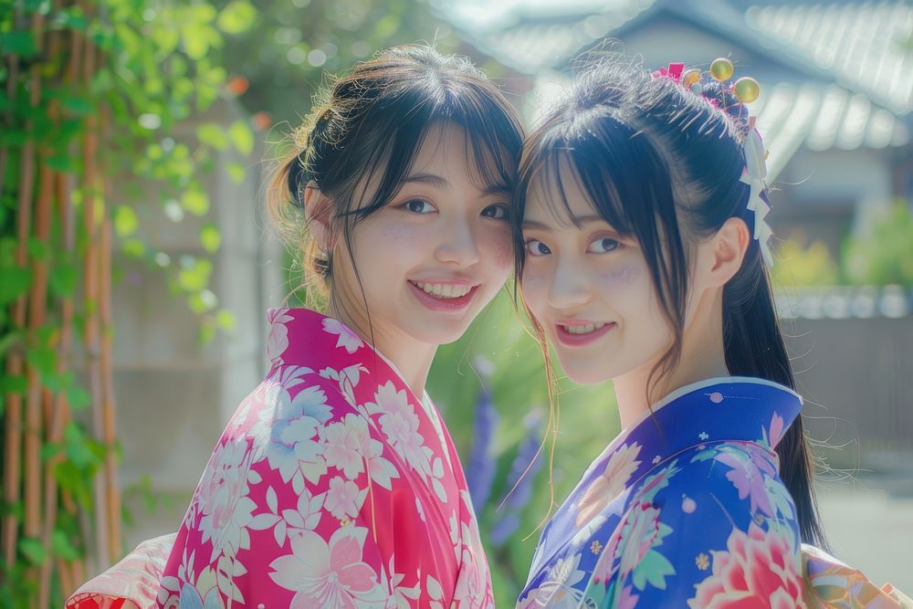 Smiling Yukata 2 women portrait kimono photo.