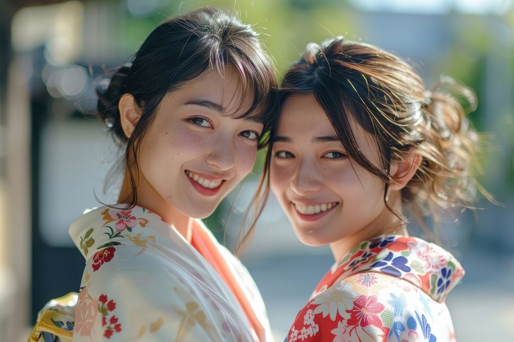 Smiling 2 friends woman in yukata portrait fashion adult.