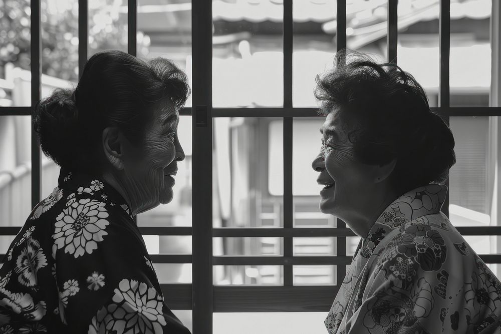 Smilling 2 friends senior women in yukata portrait window adult.