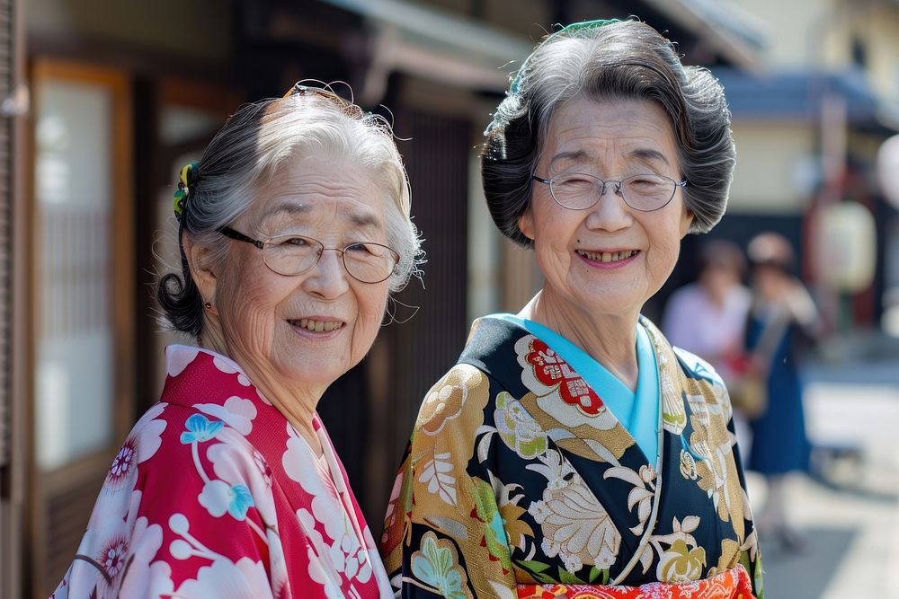 Smilling 2 friends senior women in yukata portrait glasses adult.