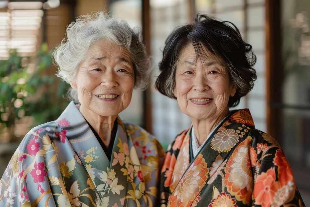 Smilling 2 friends senior women in yukata adult smile togetherness.