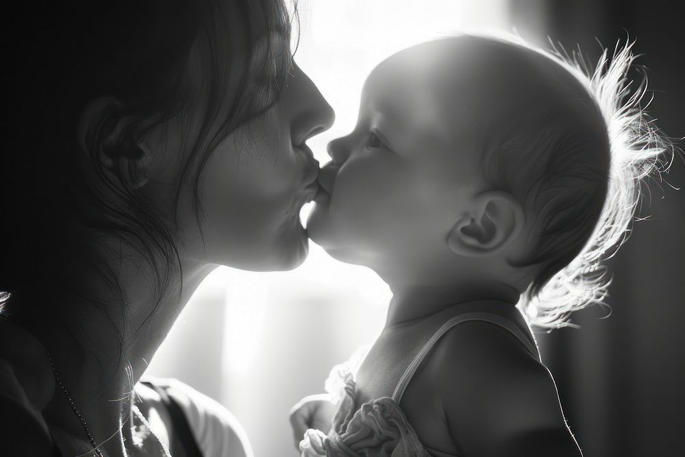 Happy mother kissing baby portrait adult photo.