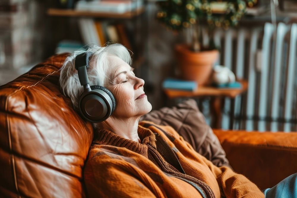 Senior woman with headphones listen to music electronics headset blanket.