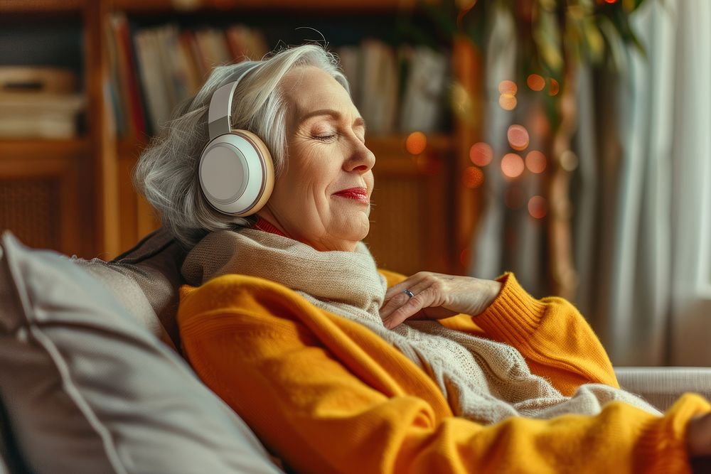 Senior woman with headphones listen to music electronics headset blanket.