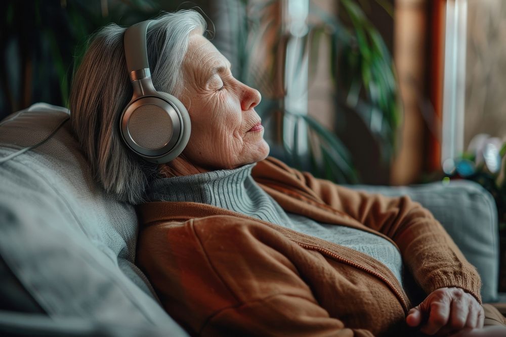 Senior woman with headphones listen to music electronics headset person.