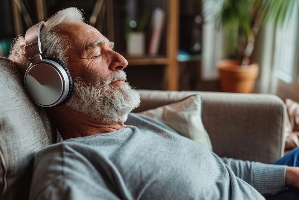 Senior man with headphones listen to music electronics headset person.