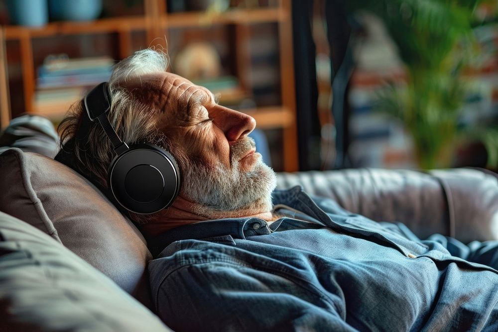 Senior man with headphones listen to music electronics headset blanket.