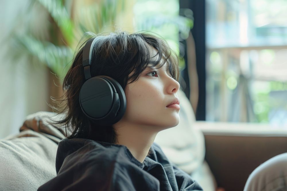 Young asian woman short hair with headphones electronics headset person.