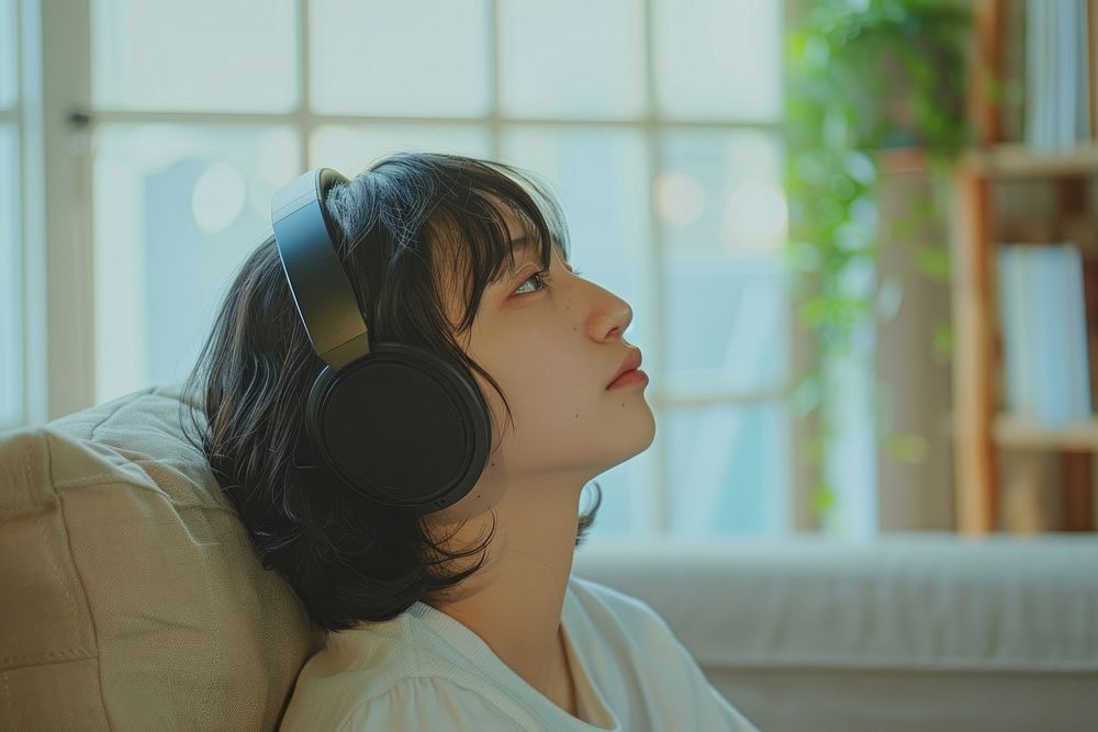Young asian woman short hair with headphones electronics headset person.