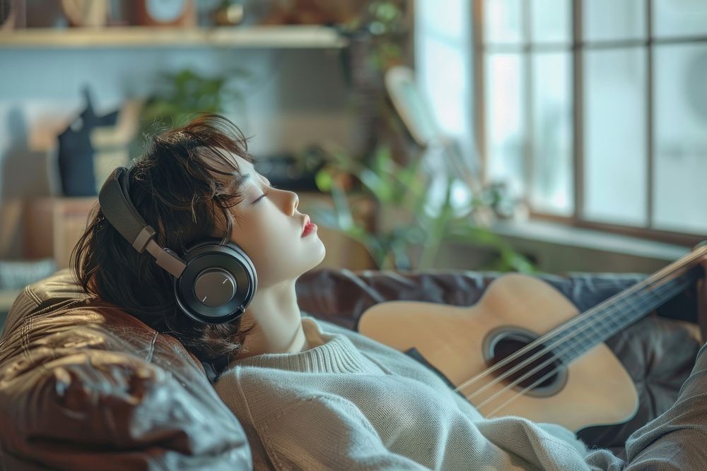 Young asian woman short hair with headphones music electronics recreation.