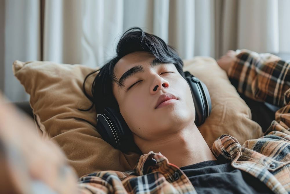 Oung asian man with headphones person human face.