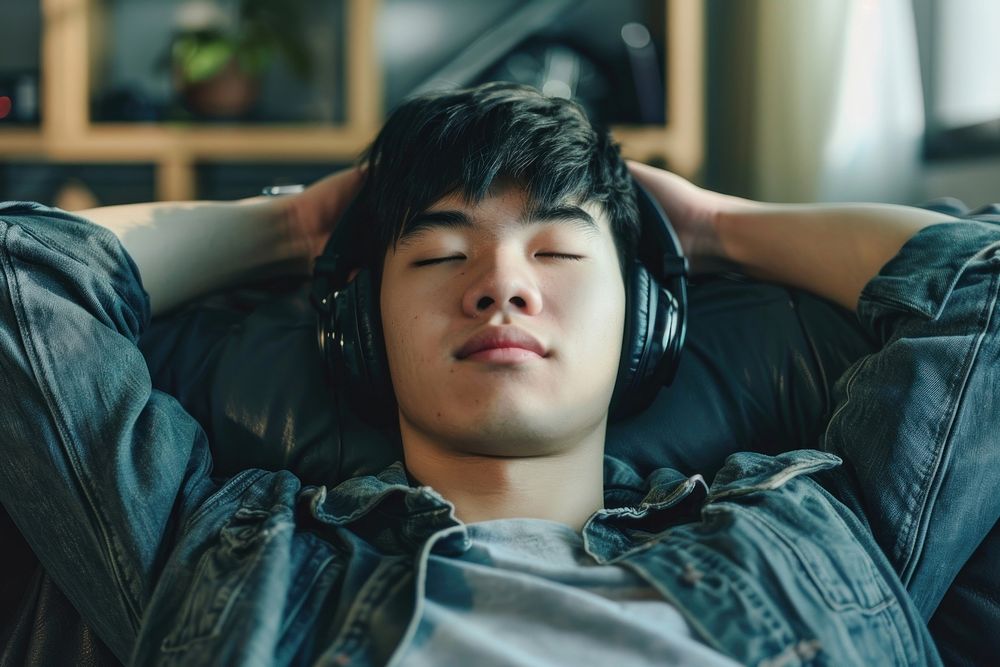 Young asian man with headphones electronics sleeping headset.