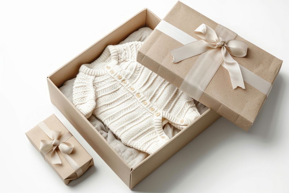 Folded newborn babysuit in an open gift box white background celebration furniture.