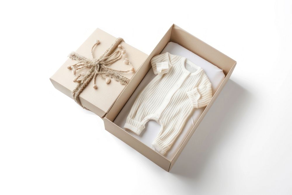 Folded newborn babysuit in an open gift box white background celebration cardboard.