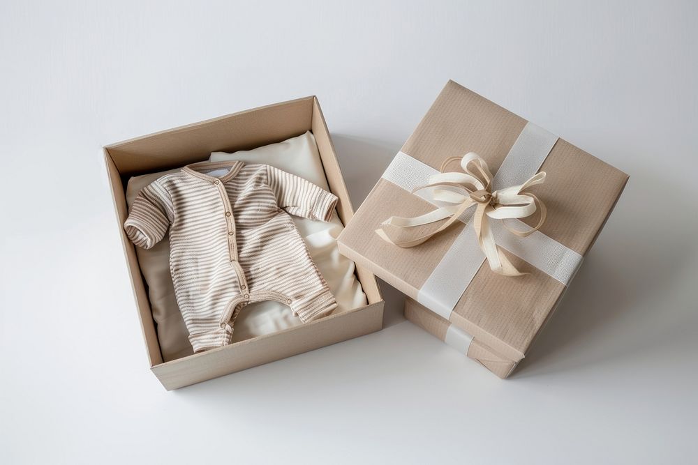 Folded newborn babysuit in an open gift box celebration cardboard container.