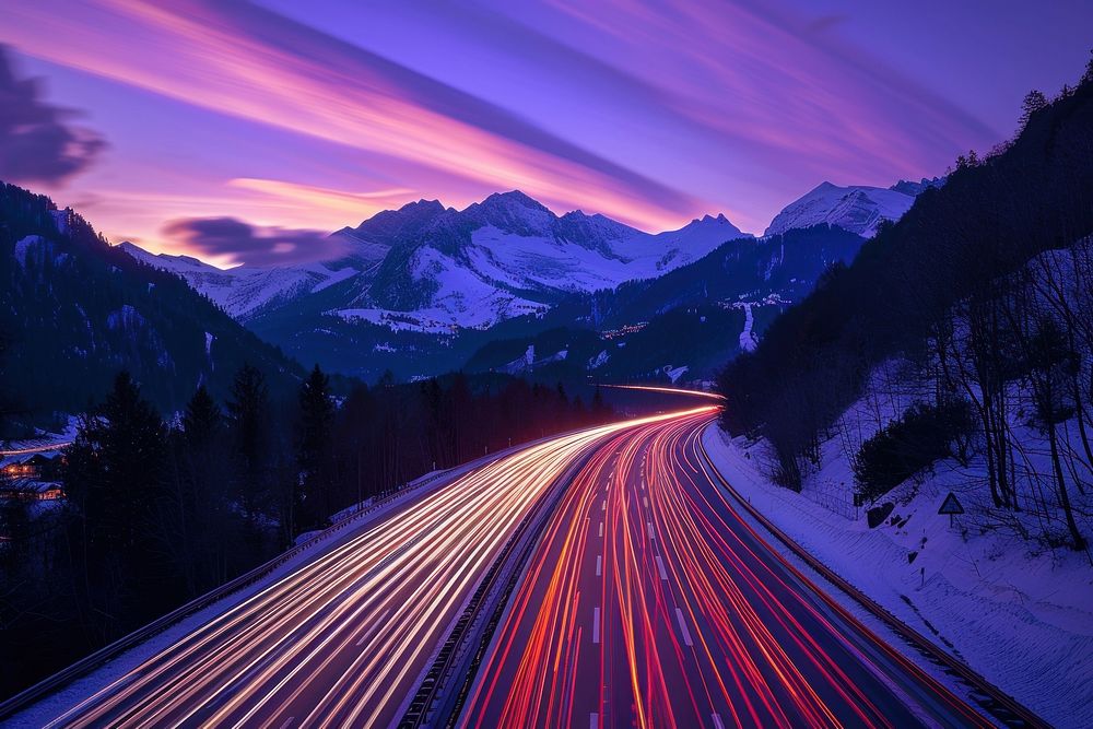 Cars speed light trails on a highway in the alps with mountain sky landscape outdoors.