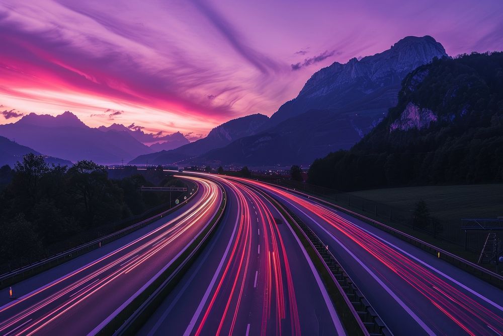 Cars speed light trails on a highway in the alps with mountain outdoors evening purple.