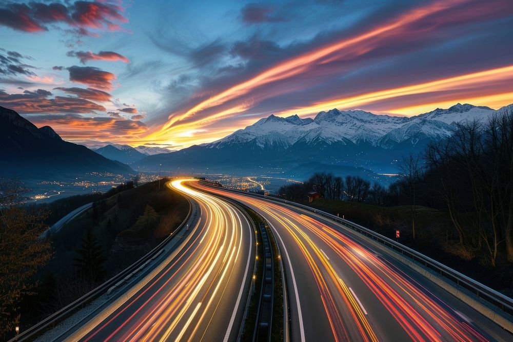Cars speed light trails on a highway in the alps sky architecture cityscape.