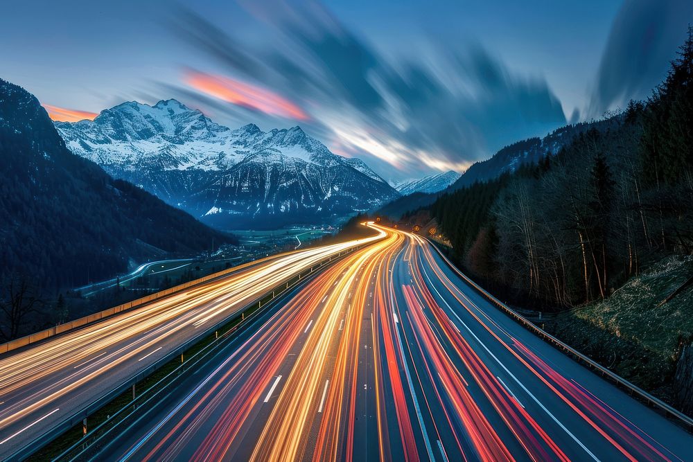 Cars speed light trails on a highway in the alps mountain outdoors nature.