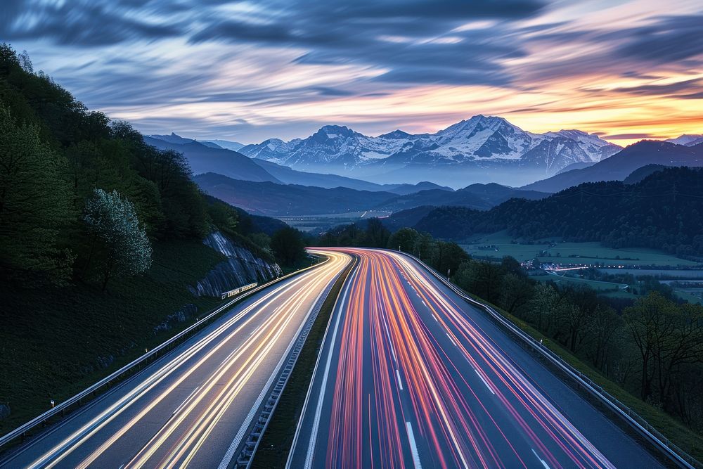 Cars speed light trails on a highway in the alps mountain outdoors freeway.