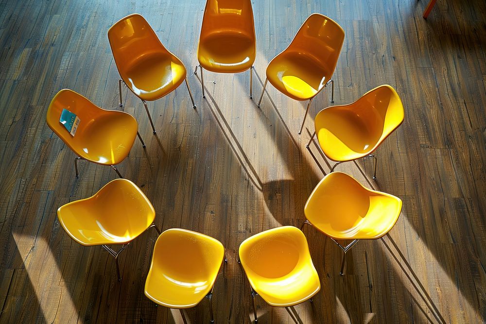 Circle of 8 yellow chairs on wooden floor furniture indoors.