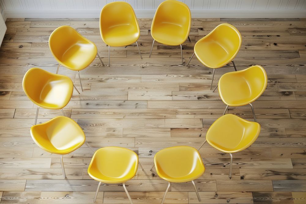 Circle of 8 yellow chairs on wooden floor furniture indoors interior design.