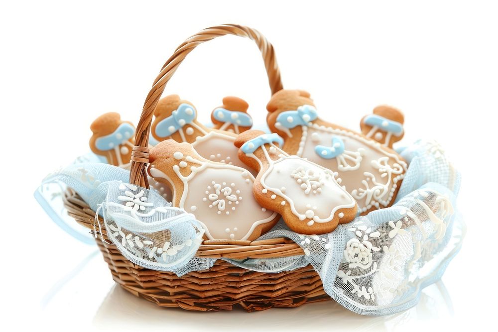 A basket with white baby bottle cookies dessert food white background.
