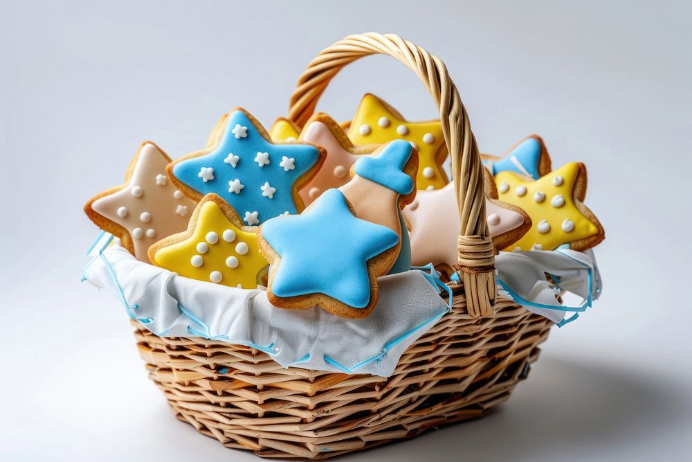A basket with baby bottle cookies and star cookies food confectionery gingerbread.