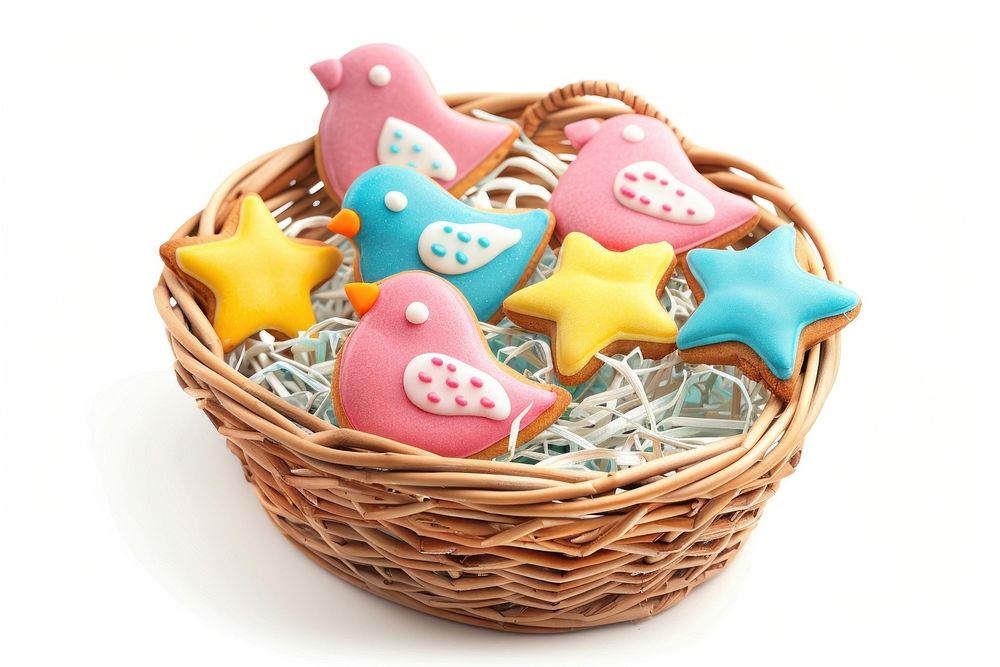 A basket with bird cookies and star cookies for children food white background representation.