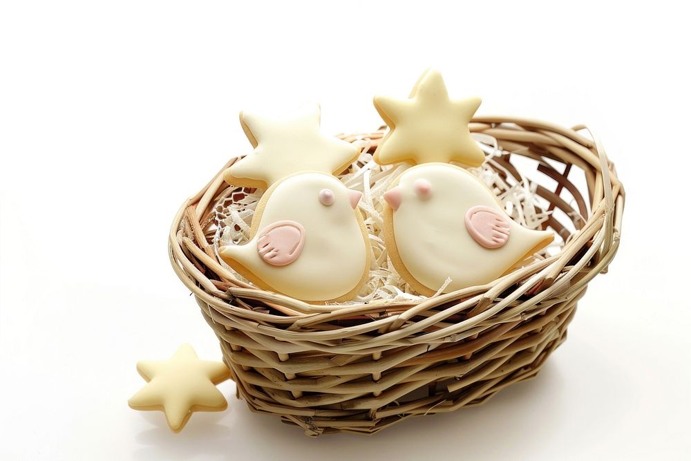 A basket with bird cookies and star cookies for children dessert icing food.