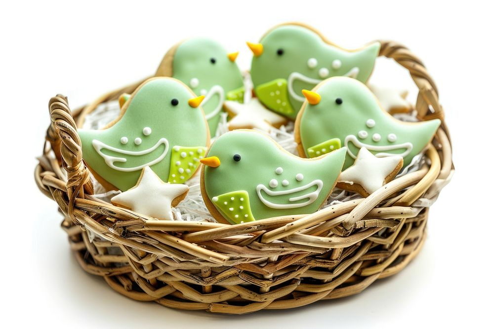A basket with bird cookies and star cookies for children dessert food representation.