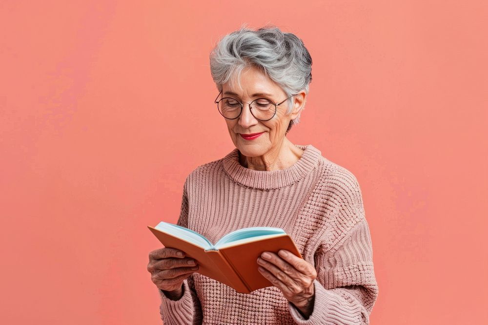 Mature woman reading clothing knitwear.