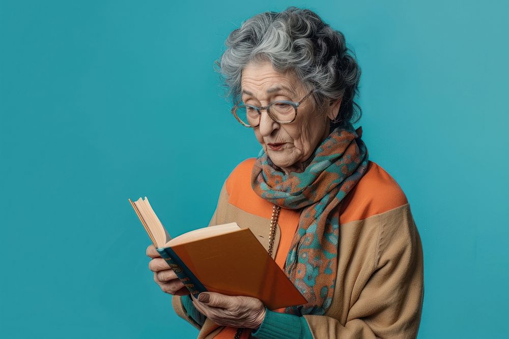 Mature woman reading clothing apparel.