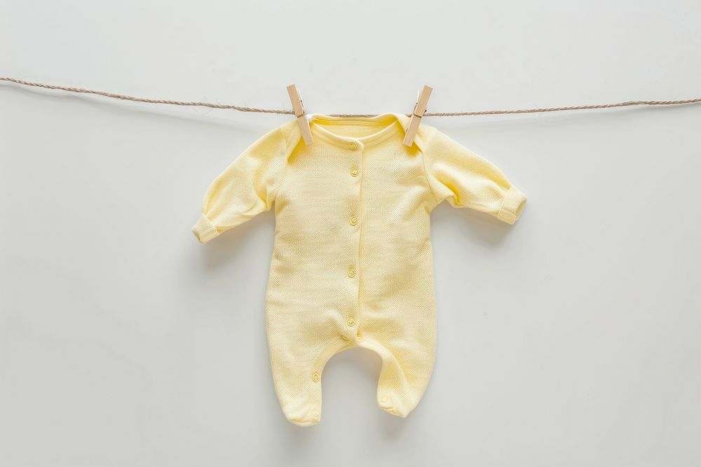 A pastel yellow newborn babysuit hang on rope with clothespin white background coathanger outerwear.