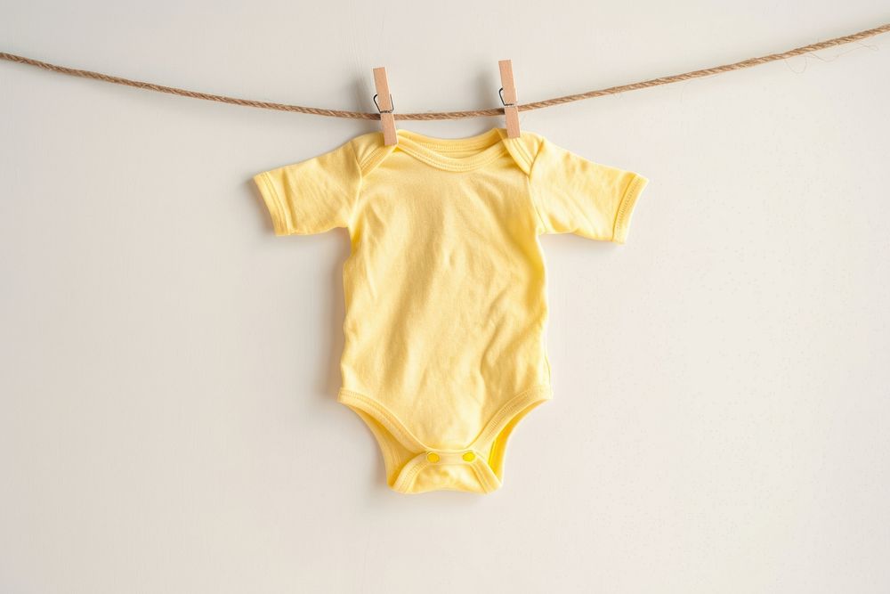 A pastel yellow newborn babysuit hang on rope with clothespin white background accessories coathanger.