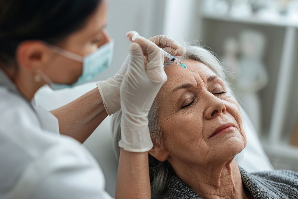 Senior woman having PRP injection treatment at forehead area clothing apparel female.