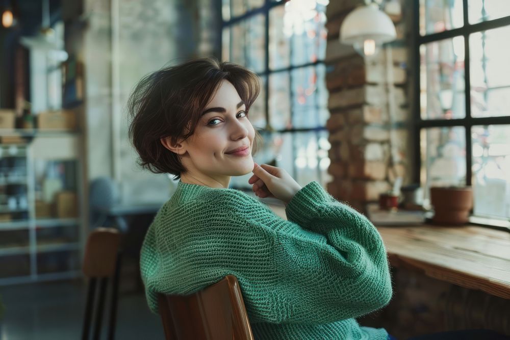 Short hair woman in green mint weater turn sideway to smile at camera chair furniture clothing.