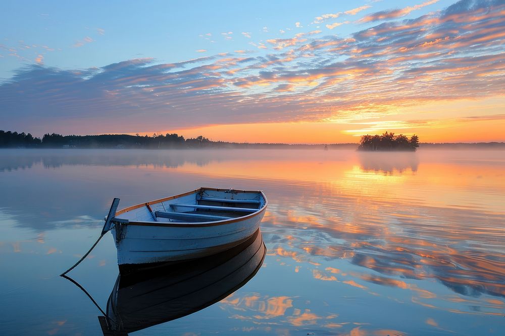 Anchored Wayfarer sixteen foot dinghy sailboat on a calm freshwater cottage lake outdoors horizon vehicle.