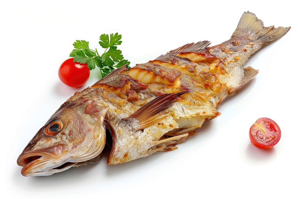 Grilled fish seafood animal herbs.