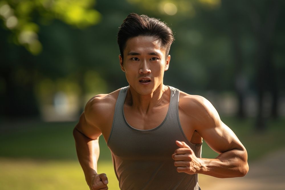 Sout east asian male athletic running shoulder jogging.