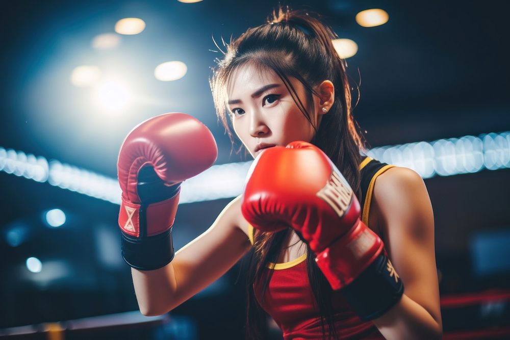 Sout east asian girl athletic boxing clothing punching.